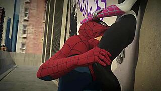 spiderman pounds gwen hard on the rooftop edge