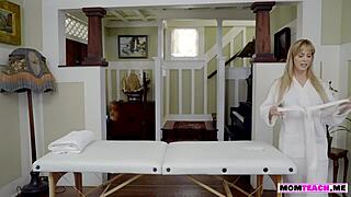 busty stepmom relaxes under stepson's massage then spreads for his big cock pounding