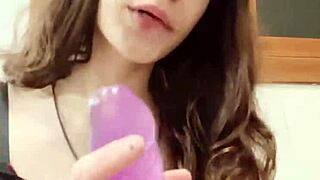 cute italian doll with big natural tits gives solo blowjob even sans real cock
