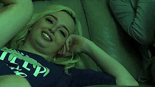 Watch Cute Teen Share Stepdad's Cock on Sofa During Scary Movie Orgy!