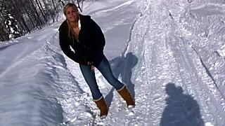 Cute Blonde Strips Pees Snow Ski Vacation Outdoor