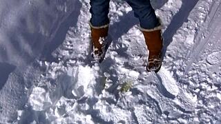 Cute Blonde Strips Pees Snow Ski Vacation Outdoor