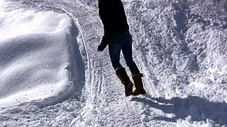 Cute Blonde Strips Pees Snow Ski Vacation Outdoor