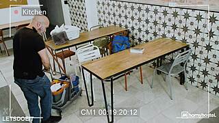 brunette squirts everywhere almost caught by janitor mid-fuck