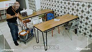 brunette squirts everywhere almost caught by janitor mid-fuck