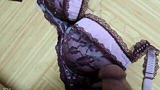 Step sis pink leopard bra cumshot in black lingerie 💦😍