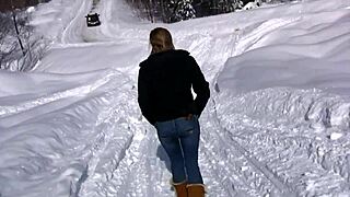 Cute Blonde Strips Pees Snow Ski Vacation Outdoor