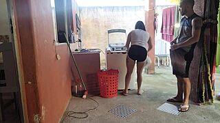 so my wife steps out and the curvy brazilian maid can't resist grabbing my erect cock right there