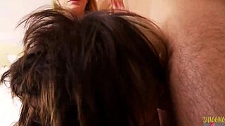 Sexy maids in lingerie kiss and lick master's shaved pussy for bisexual threesome cumshot