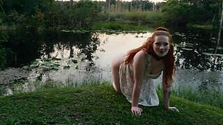 Submissive slut crawls from lagoon on knees to rim ass and guzzle piss in outdoor humiliation