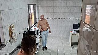 The maid strips clothes bent over desk then takes boss's facial cumshot for extra pay.