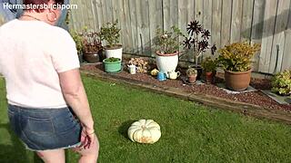 kiwi milf squats huge pumpkin on her pierced pussy outdoors!
