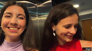 Cute brunette neighbors suck huge cock deep then facial cumwalk public