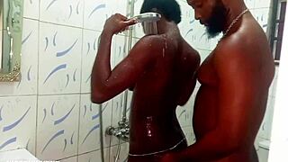 Ebony babe meets male friend for first softcore bedroom play