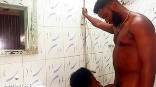 Ebony babe meets male friend for first softcore bedroom play