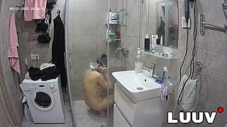 tattooed alice shaves smooth pussy flashes natural tits in shower for evening show