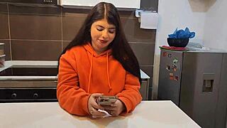 busty beauty jennie in kitchen uniform takes pizza guy's big cock for hot interracial pounding