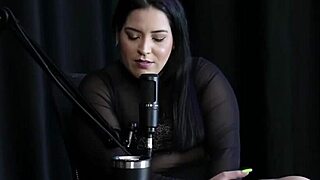 pri melancia sensually shows off her huge tits and ass on the sheer red podcast with bia hot