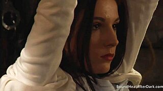 Lesbian Slave Bound with Tied Hands Presents Big Natural Boobs to Mistress