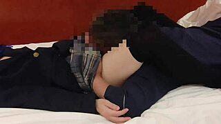 Uniform cosplay miniskirt schoolgirl teases with blowjob creampie sex
