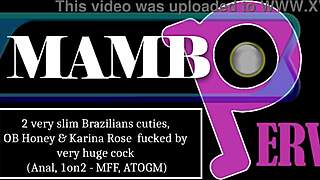 Two slim Brazilian cuties ride monster cock for MFF anal