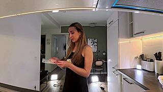 that sexy brunette babe in dormitory kitchen nightie just lounges bored ignoring everything around her.