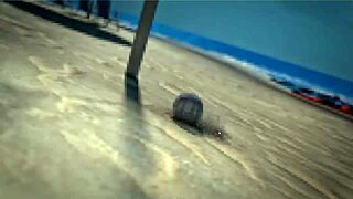 Petite redhead beauty teases topless with piercings on sunny beach ball day