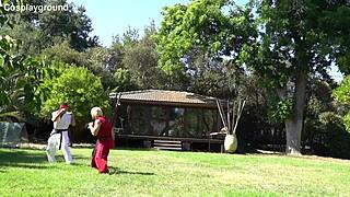 jade kush plays chun li chained up taking two monster cocks doggystyle cowgirl cumshots