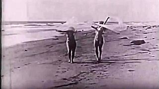 vintage nudists flash hairy beavers on antique beach