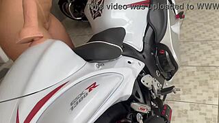 naked wife rides dildo hard while perched bare on the motorcycle