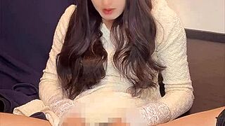 Prim ladyboy in mini dress masturbates quietly and cutely