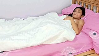 White Cock Pounds Exotic Asian Babe's Shaved Pussy Bent Over Doggy in Bedroom with Deepthroat Lick on Small Tits