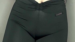 close-up asmr cameltoe tease in skin-tight black yoga leggings