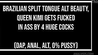 Beauty queen kimi's split tongue ass wrecked by four monster cocks?