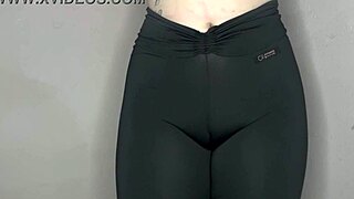 close-up asmr cameltoe tease in skin-tight black yoga leggings