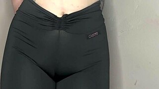 close-up asmr cameltoe tease in skin-tight black yoga leggings