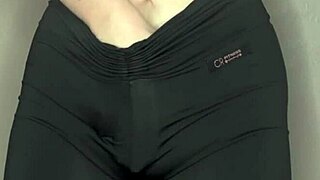 close-up asmr cameltoe tease in skin-tight black yoga leggings