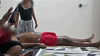 Customer lady trembles with joy during happy ending spa massage
