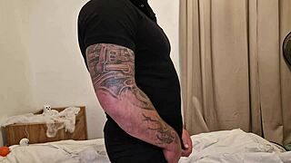 Halloween night, that creepy muscular father-in-law bends her over the bed for a huge creampie on her fat ass