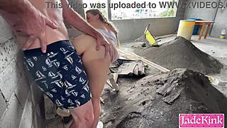 Real amateur couple flashes big tits and ass before rough outdoor doggystyle creampie on construction site