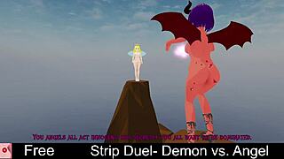 strip duel demon rips angel's clothes in erotic lesbian monster game!
