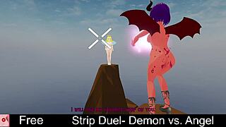 strip duel demon rips angel's clothes in erotic lesbian monster game!
