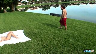 topless busty brunette sunbathing bends over for big cock doggystyle outdoor pounding