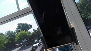 Chubby shaved pussy lips exhibitionist squirts toys by window