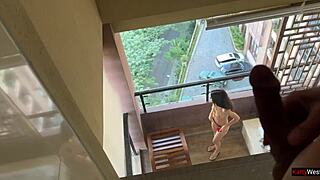 Neighbor caught me naked on the balcony so I offered quick rough anal doggystyle with cumshot facial.