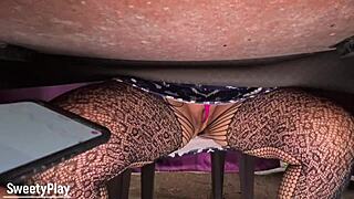 remote vibrator buzzes her to pee-squirting orgasm right under the camping table