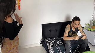 my hot neighbor sits on me to play free fire but grinds my cock wet pussy roommate style