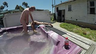 Dayanara strips naked in hot tub then gags on deepthroat cock