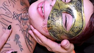 Annie's juicy shaved pussy rides big black cock in cuckold arena