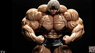 2B transforms into muscular giantess at pump factory in tall bodybuilder AI animation